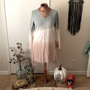 Boho tye dyed long sleeve dress with fringe